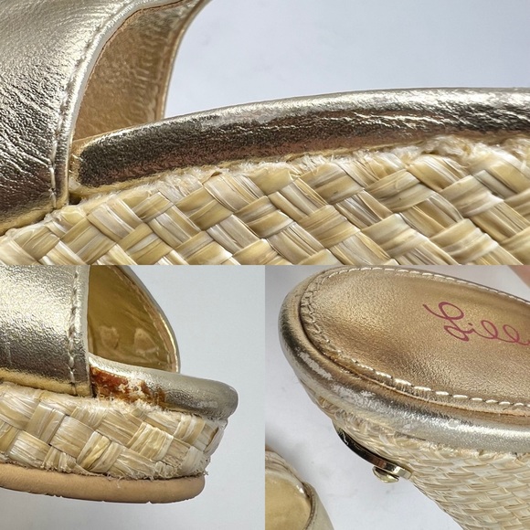 Lilly Pulitzer Kristin Gold Leather Peep Toe Slingback Wedge Heel Sandals Sz 6.5 - Picture 7 of 10